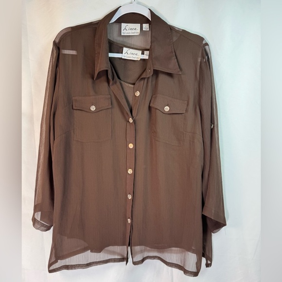 Linea By Louis Dell'Olio Brown Sheer Button-Up Blouse & Tank Set L - Picture 1 of 16